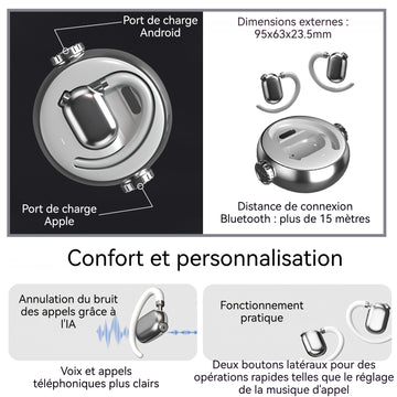Écouteurs Bluetooth 400mAh étanchéité IPX5 réglage de l'étanchéité stéréo bilatéral charge pendant 60 minutes crochet d'oreille